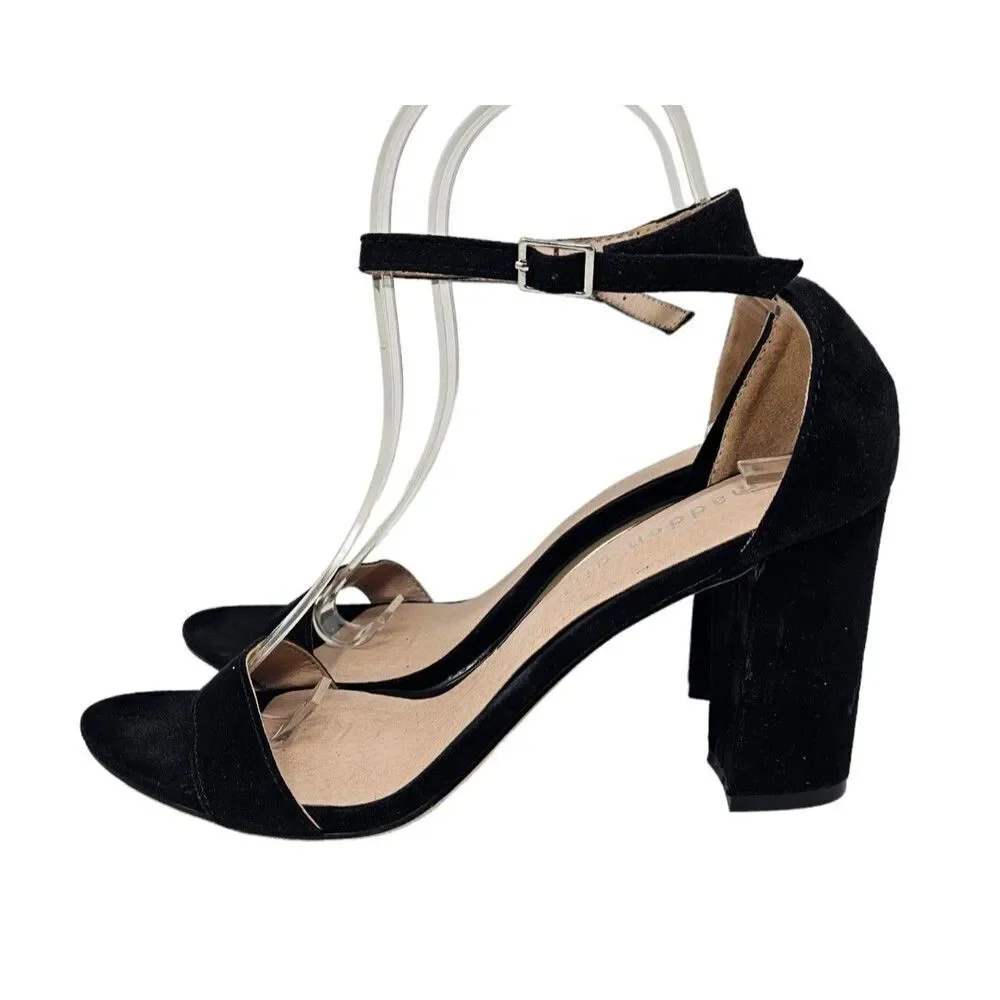 MADDEN GIRL Beella Black Heeled Sandal Open Toe Ankle Strap Size 8 Velvet